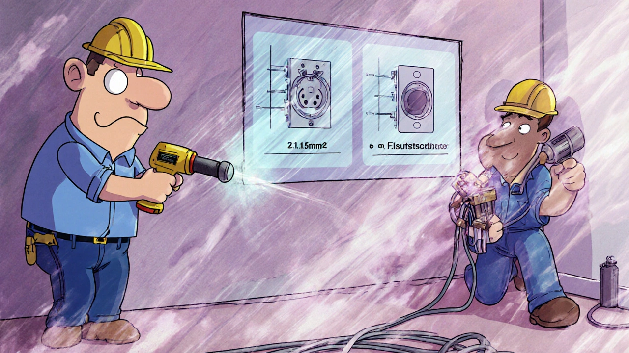 Ein Heimwerker stemmt eine Wand, während ein Elektriker neue Kabel verlegt — mit schematischen Leitungsplänen in der Luft.