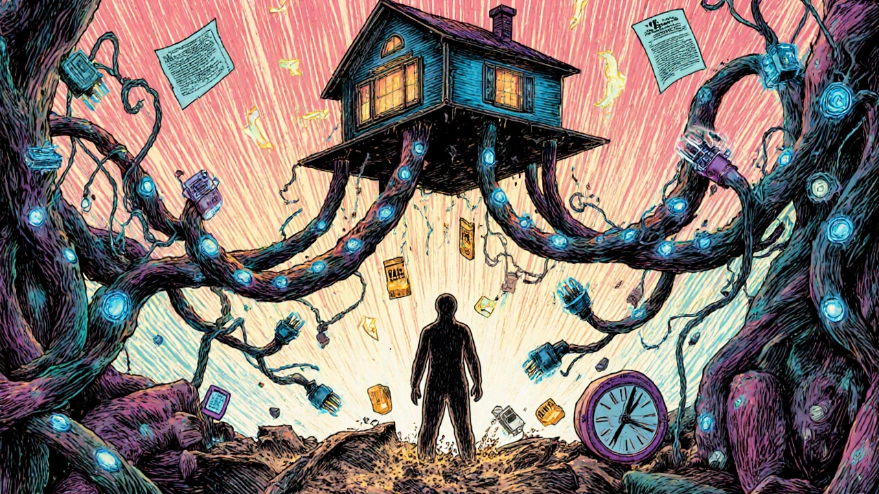 Haus wird von moderner Elektrik in die Zukunft gezogen, während Verfall zerfällt – psychedelische Illustration.