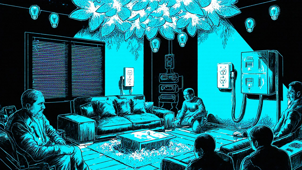 Modernes Wohnzimmer mit Smart-Home-Technik und EV-Ladestation, während veraltete Elektrik in Schatten vergeht.