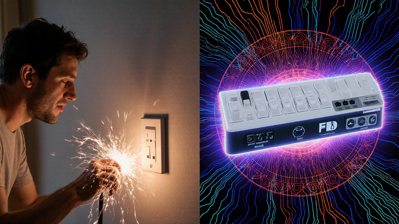 Vergleich zwischen gefährlicher alter Elektrik und moderner, sicherer Installation in surrealistischem Stil.