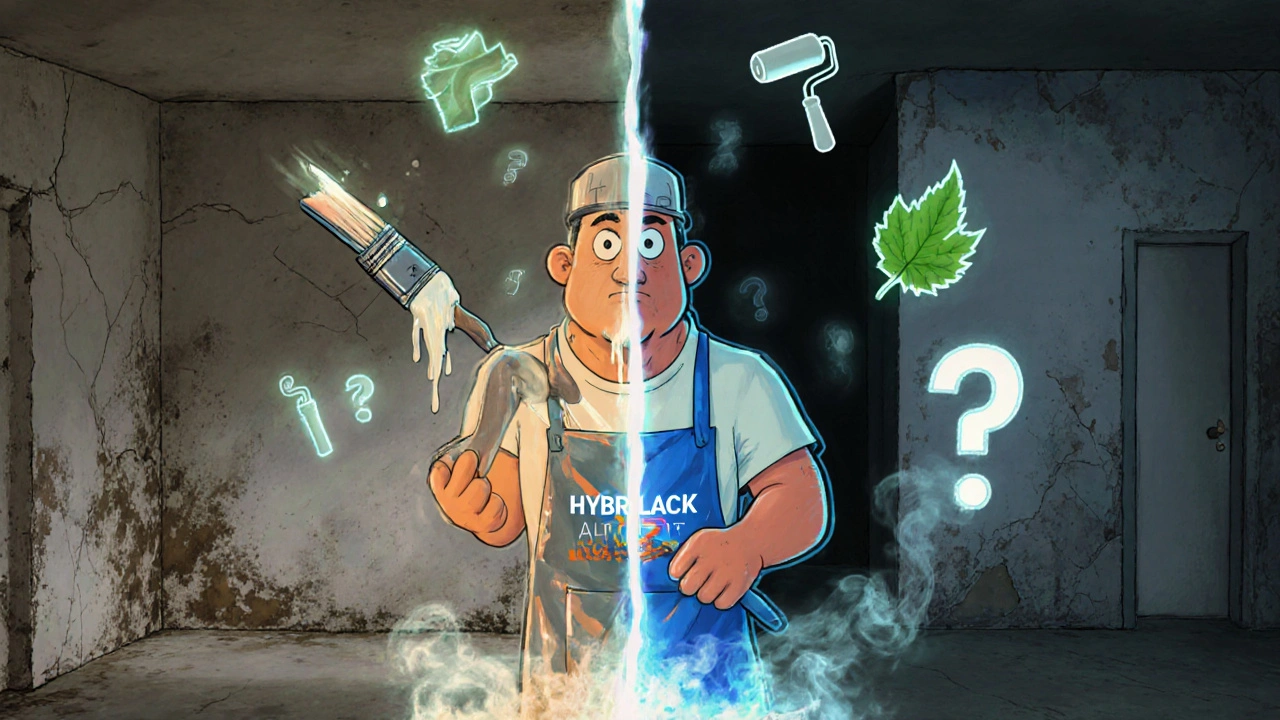 Aufgeteiltes Zimmer: alte Wand mit Mattlack versteckt Unvollkommenheiten, moderne Wand mit Hochglanz bricht ab, mittendrin glühende Hybridfarbe.