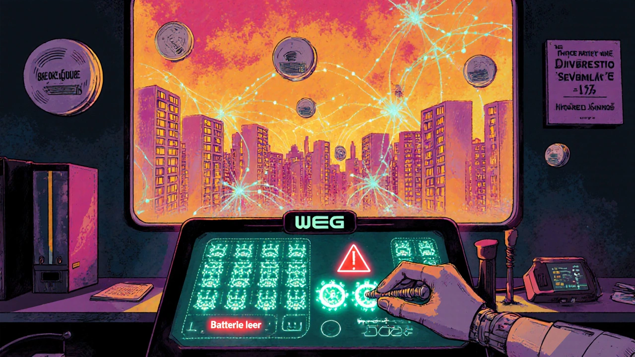 Digitales Dashboard einer WEG mit leuchtenden Wohnungen, ein roter Alarm zeigt einen leeren Akku, während ein Roboter ihn ersetzt.