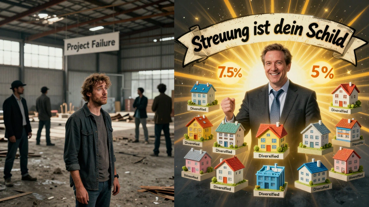 Ein Anleger mit diversifizierten Immobilienanteilen im Vergleich zu einem gescheiterten Projekt, symbolisiert durch Licht und Schatten.