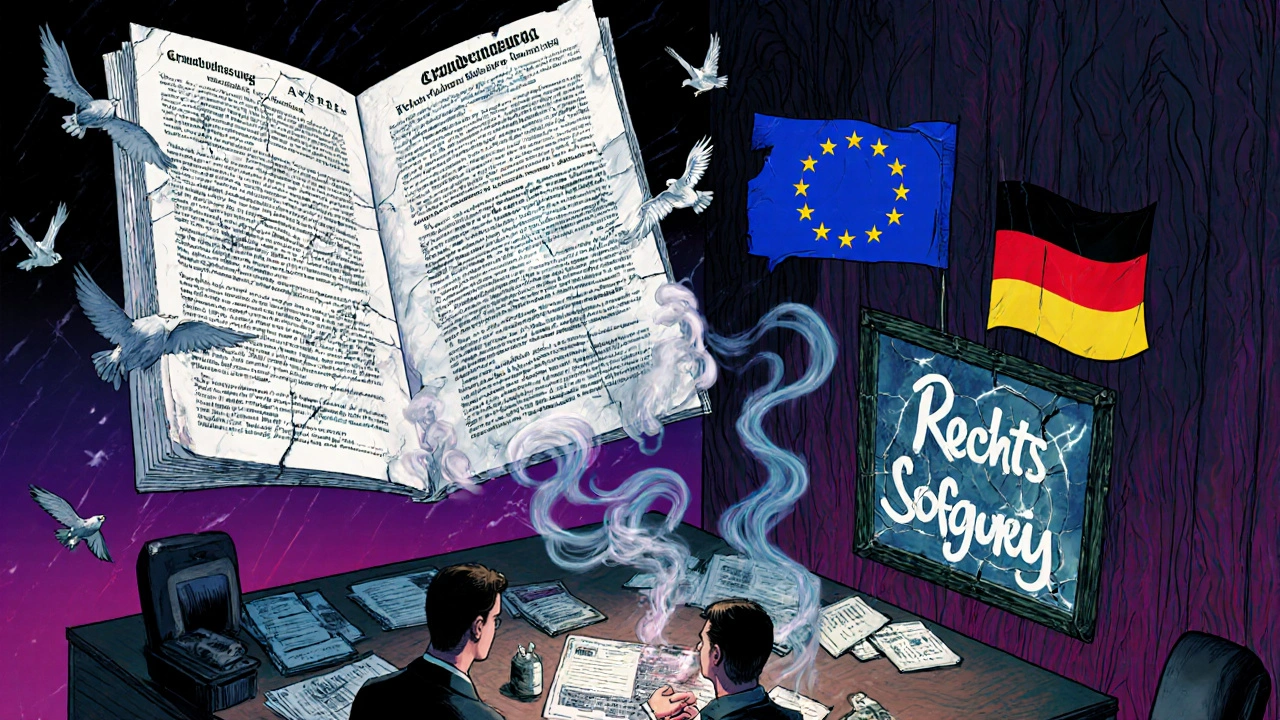 Ein Grundbuchauszug aus Österreich wird von europäischen Rechtsvertretern empfangen, während veraltete Dokumente zerfallen.