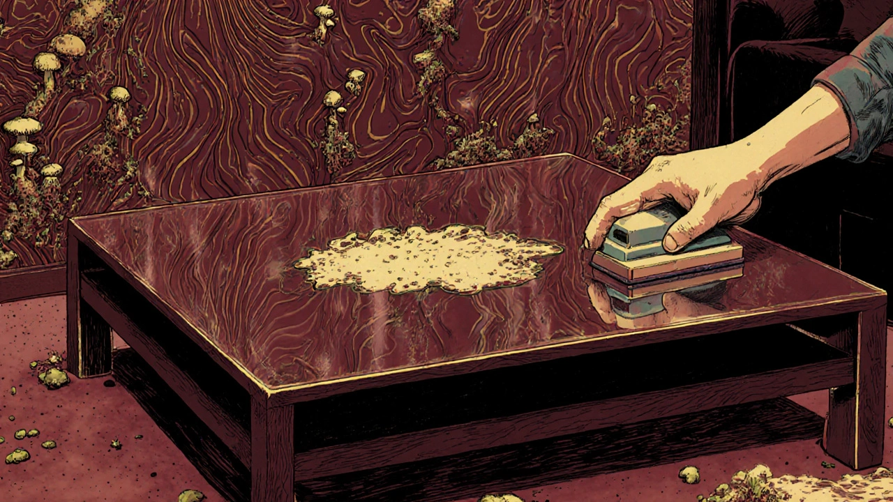 Ein Holztisch mit Klarlack, aber Blasen durch Feuchtigkeit, Schimmelpilze in den Holzmustern.