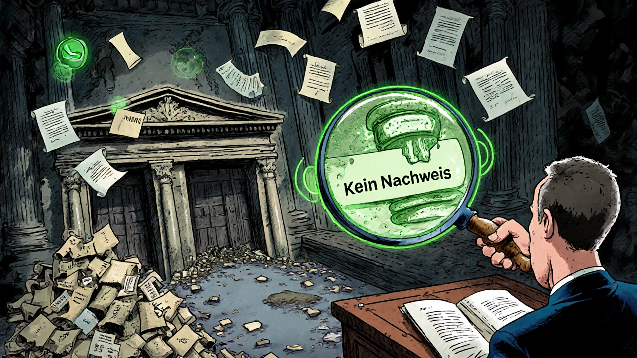 Ein Käufer versucht vor Gericht einen Schaden nachzuweisen, doch seine Beweise verwandeln sich in Staub, während ein Magnifying Glass &#039;Kein Nachweis&#039; zeigt.