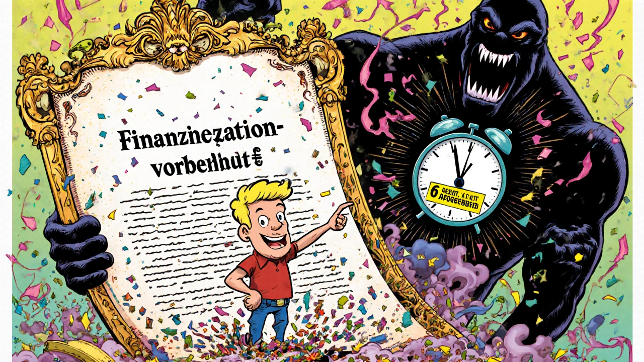 Ein Käufer zeigt auf eine Finanzierungsklausel, während eine bankähnliche Kreatur auseinanderbricht und eine Uhr mit &#039;6 Wochen&#039; tickt.