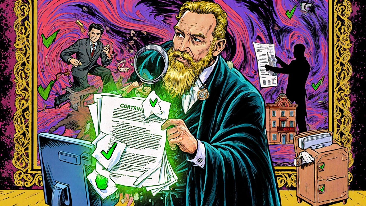 Ein Notar prüft ein digitales Grundbuch, während ein Käufer in Spanien sein Dokument verliert.