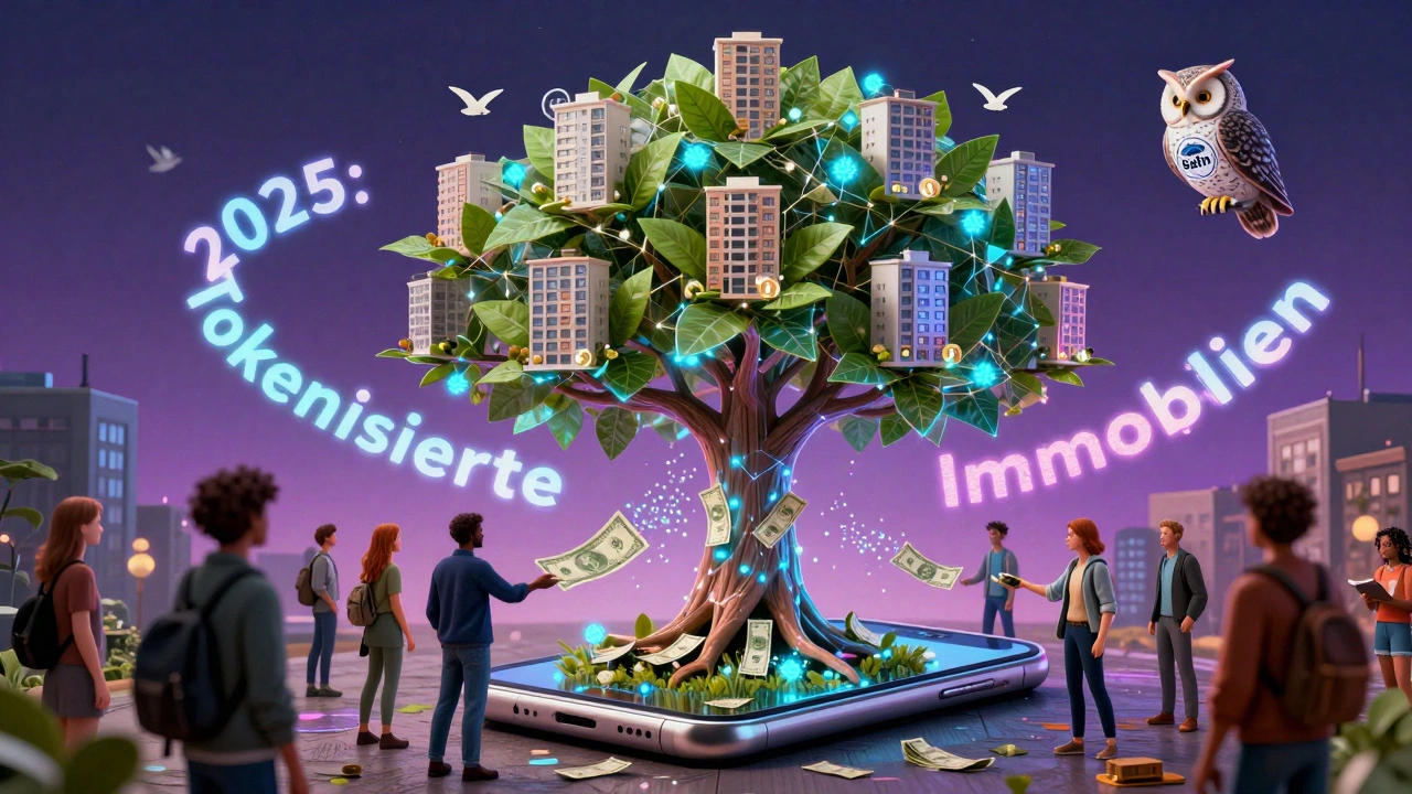 Eine futuristische Blockchain-Immobilienbaum-Visualisierung mit digitalen Anteilen, die aus Handgeld werden.