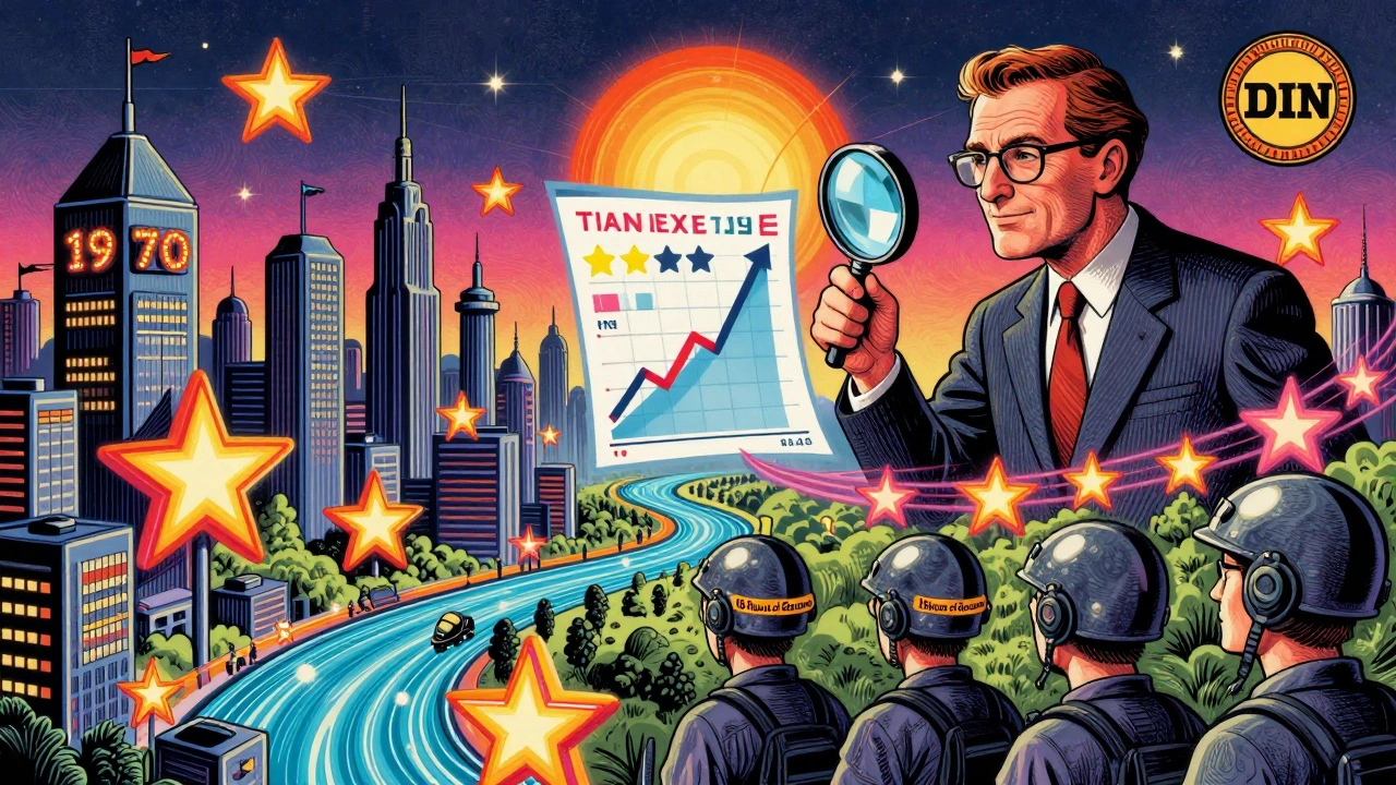 Eine futuristische Stadt, in der Gebäude aus Bewertungssternen bestehen und Datenströme den Immobilienwert beeinflussen.