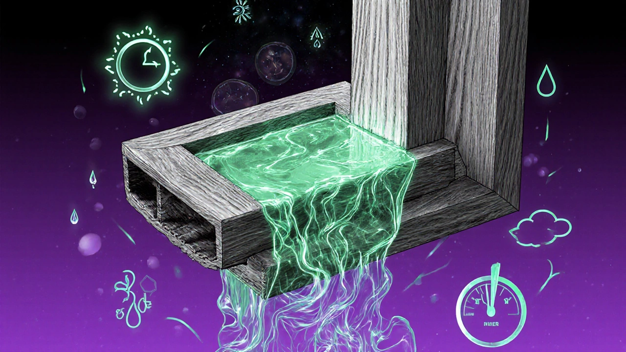 Eine Hybrid-Lasur fließt in ein Fensterrahmen, kombiniert Holz und glänzende Oberfläche mit mystischen Symbolen.