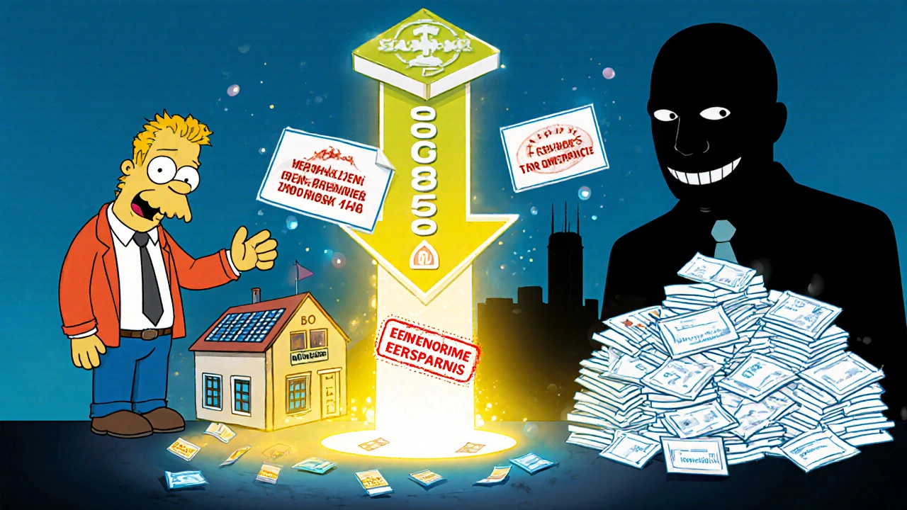 Eine vermietete Immobilie mit Solaranlage und Dämmung sendet Kosten als steuerliche Ersparnis in einen Geldstrom.