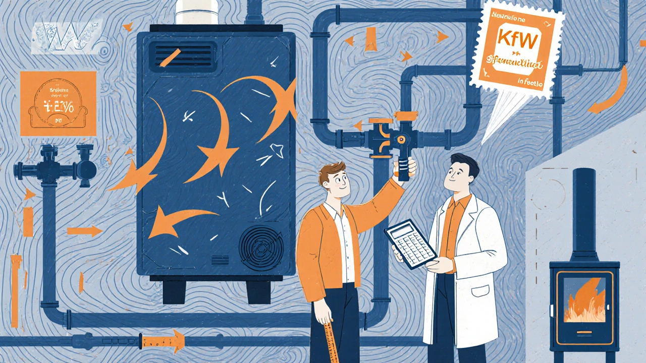 Hausbesitzer mit falsch installierten Heizungsrohren, Energieberater korrigiert das System mit digitaler Anzeige.