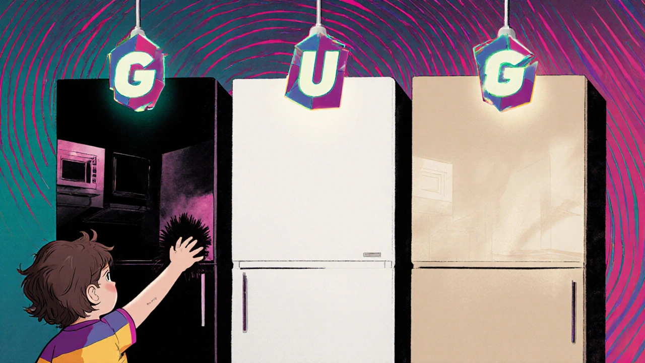 Küchenfronten in drei Glanzgraden: hochglanz, matt und seidenmatt, mit schwebenden GU-Werten und einem Kind, das einen Abdruck hinterlässt.