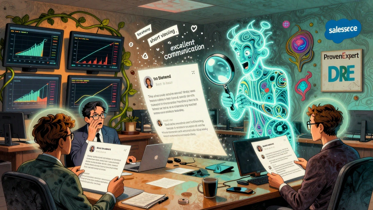 Mitarbeiter in einer Immobilienagentur analysieren Kundentexte mit einer magischen Lupe, während digitale Datenströme um sie herumfließen.