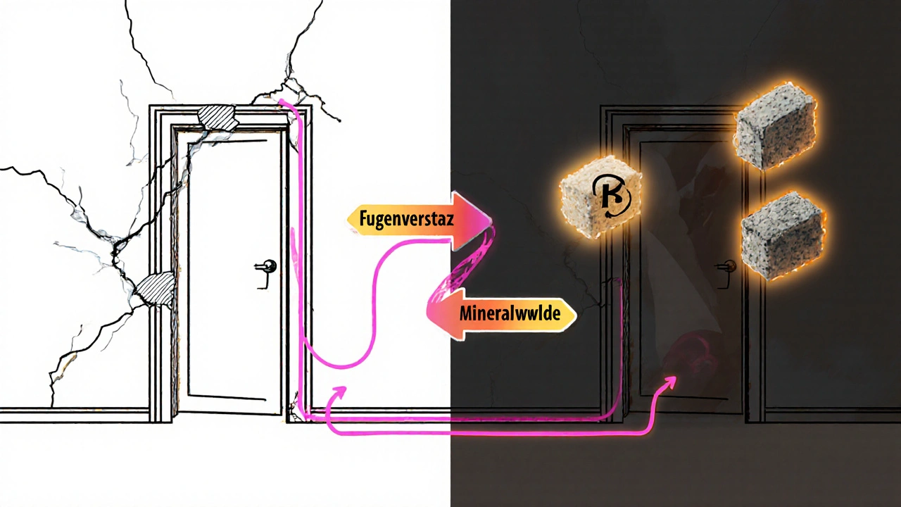Vergleich: Fehlerhafte und korrekte Türmontage im Trockenbau, dargestellt als psychedelische Cartoon-Szene mit Fugenversatz und Schalldämmung