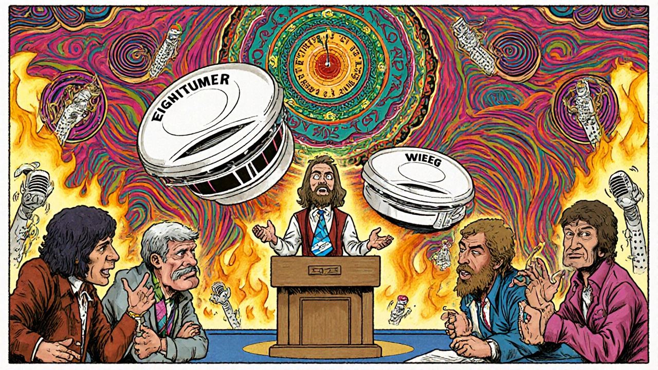 WEG-Versammlung mit streitenden Eigentümern und einem schwebenden Rauchmelder, der in drei Teile zerfällt, um Zuständigkeiten darzustellen.