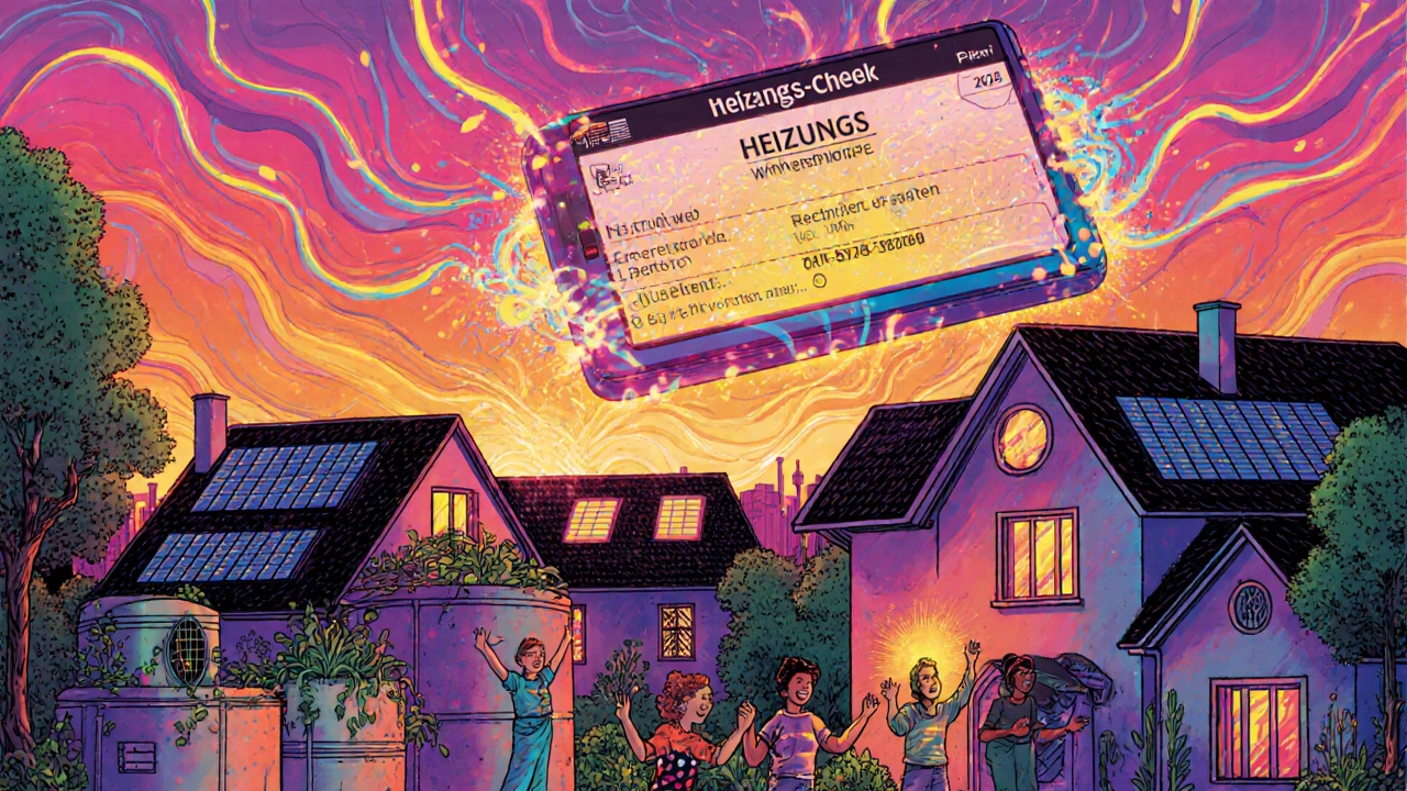 Zukünftige deutsche Nachbarschaft mit Wärmepumpen, Solarpanels und digitaler App, die Heizsysteme optimiert.