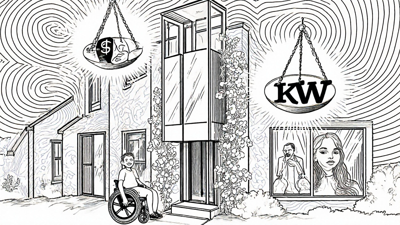 Äußerer Aufzug an einem Wohnhaus, ein Rollstuhlfahrer nähert sich, während ein Nachbar skeptisch zusieht, mit psychedelischen Mustern.