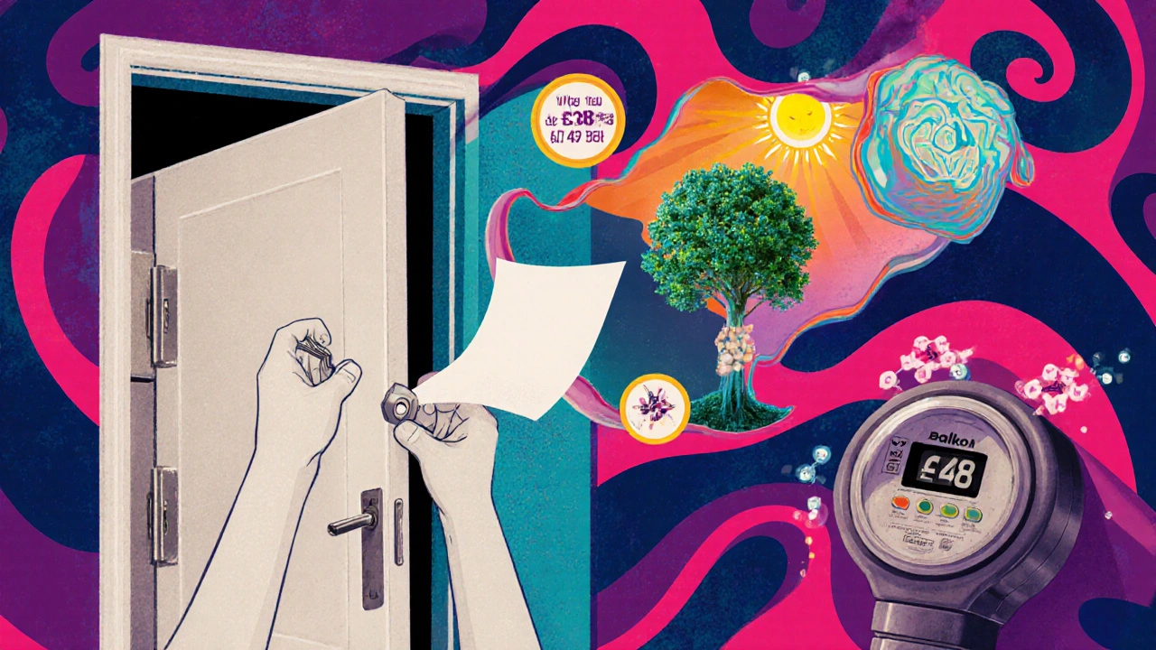 Balkontür wird justiert, Papier gleitet leicht durch, Energieeinsparungen und ein wachsender Baum schweben als Symbol.