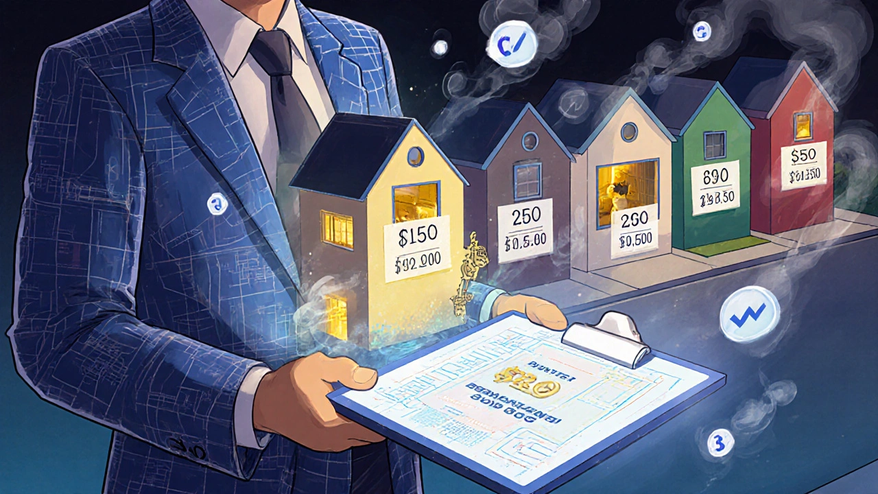 Ein Gutachter zeigt eine Hologramm-Straße mit unterschiedlichen Hauspreisen, während ein Keller golden leuchtet.