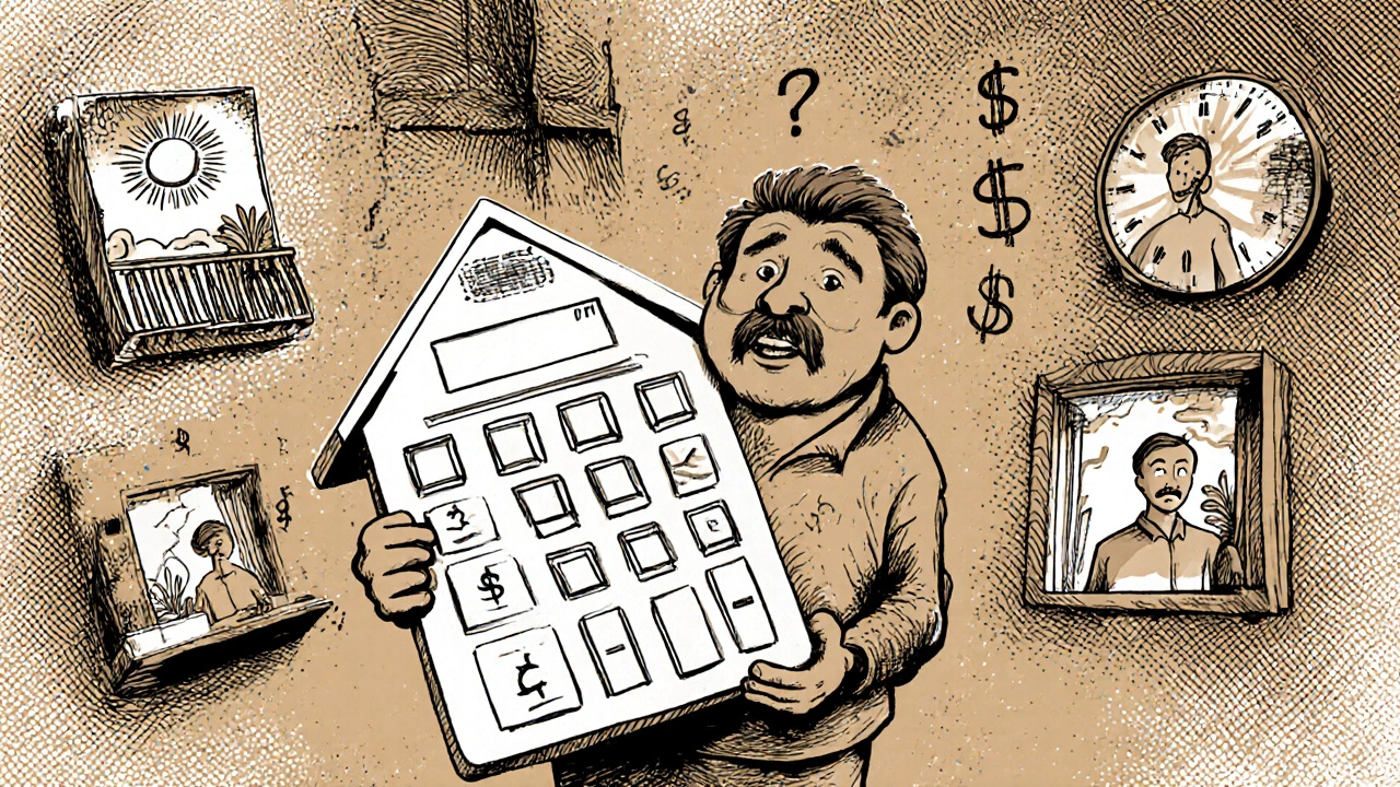 Ein Hausbesitzer mit einer hausförmigen Rechenmaschine, umgeben von Immobilienmerkmalen und interessierten Käufern.