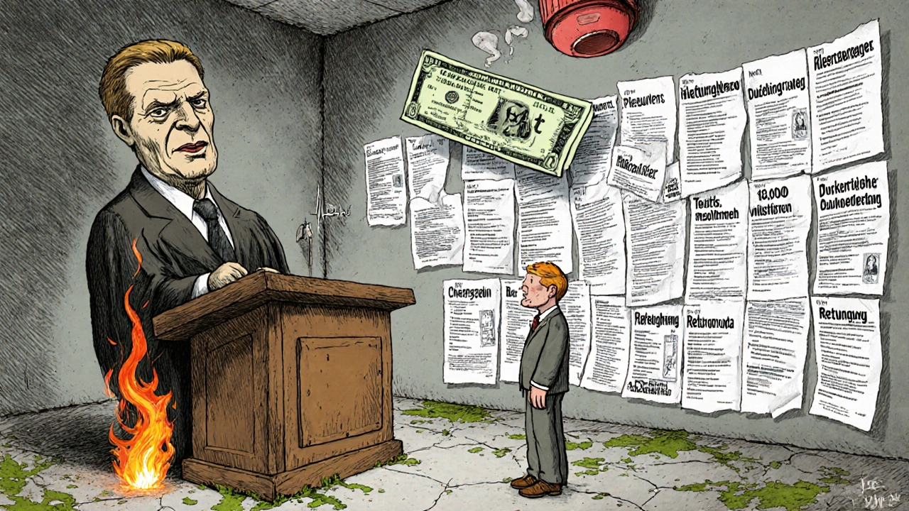 Ein Hausbesitzer vor einem Richter aus Bauvorschriften, während seine Wohnung in Rechtsdokumenten untergeht.