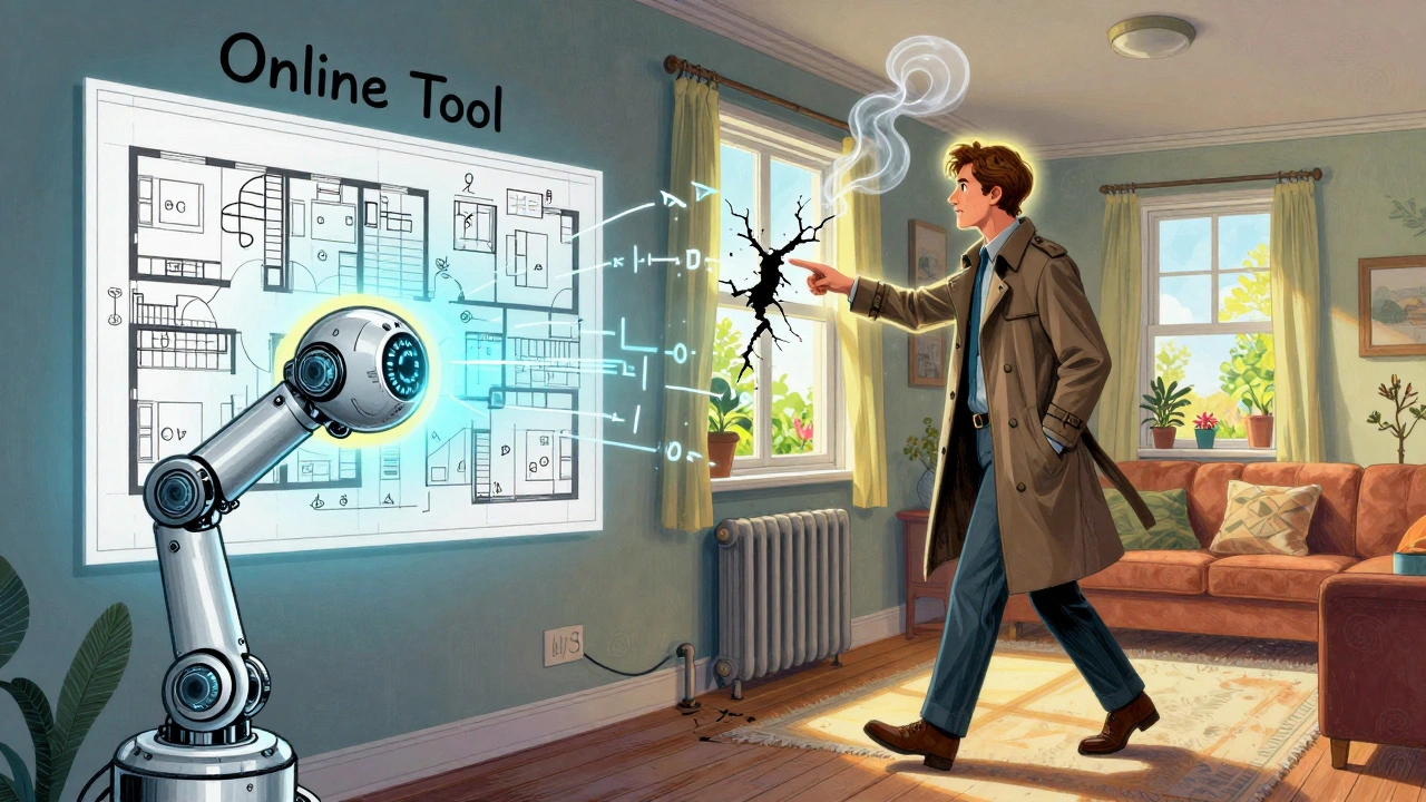 Ein Roboter scannt eine Wohnung, während ein Mensch Details vor Ort entdeckt — psychedelischer Kontrast im Rick-Griffin-Stil.