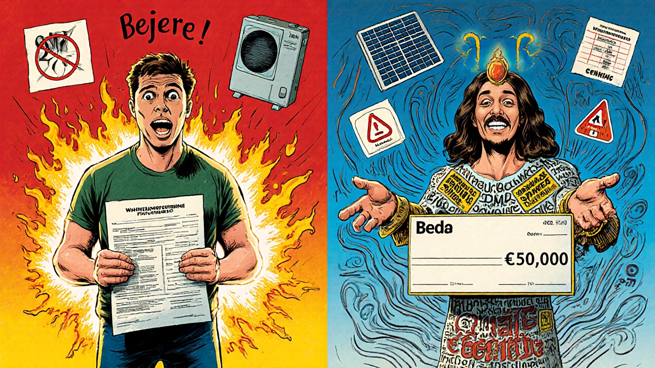 Ein Unternehmer sieht links einen abgelehnten Antrag in Flammen aufgehen, rechts erhält er 50.000 Euro Förderung, begleitet von einem spirituellen Berater.