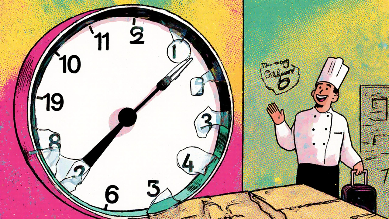 Eine Uhr zeigt den Zerfall von Dekorfolie über fünf Jahre, ein Mieter packt seine Koffer, während ein Koch skeptisch zusieht.