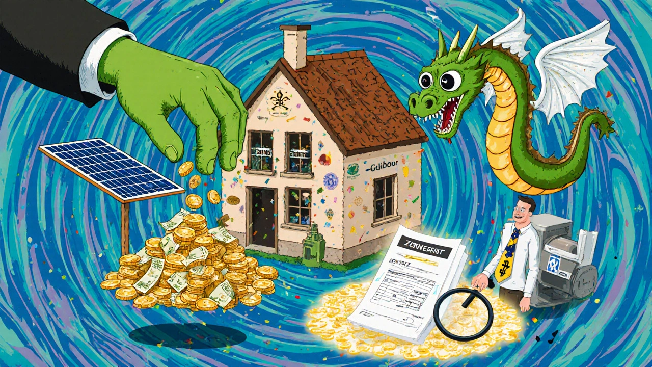 Eine Werkstatt wird durch drei magische Förderkräfte transformiert: Geld, Kredit und Steuervergünstigung, geleitet von einem Berater mit Flowchart-Krawatte.