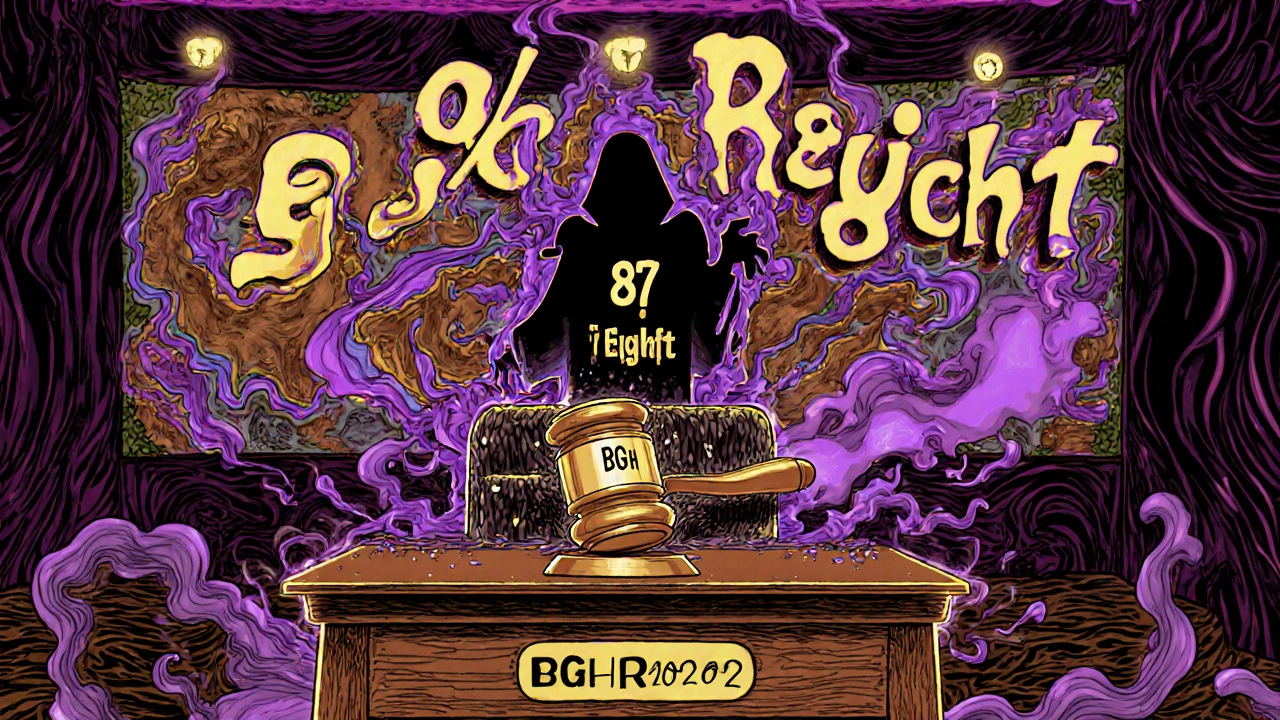 Gerichtsszene mit einem gavel, das in einen Treppenlift und eine Rampe verwandelt wird, während 14 genehmigte Fälle als Lichter leuchten.