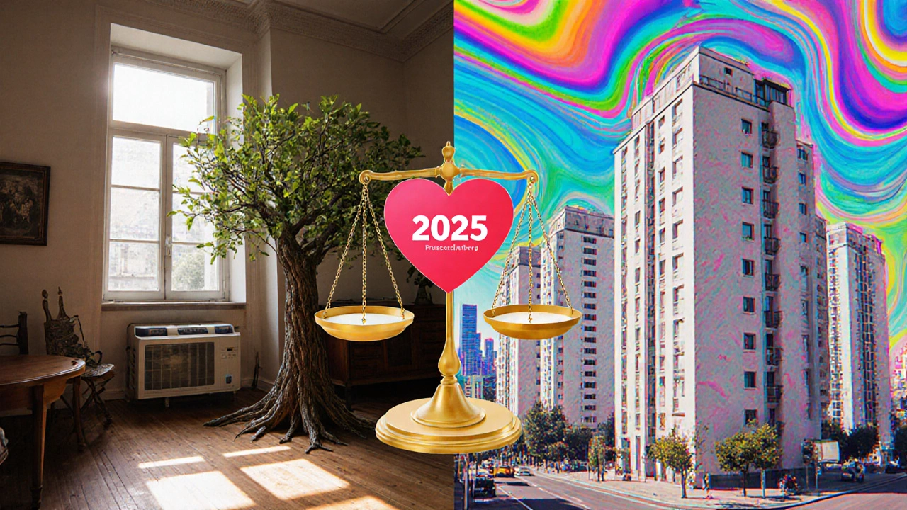 Gespaltenes Bild: Charmant renovierter Altbau links, sterile Neubau-Reihe rechts, dazwischen eine Waage aus Herz und Taschenrechner.