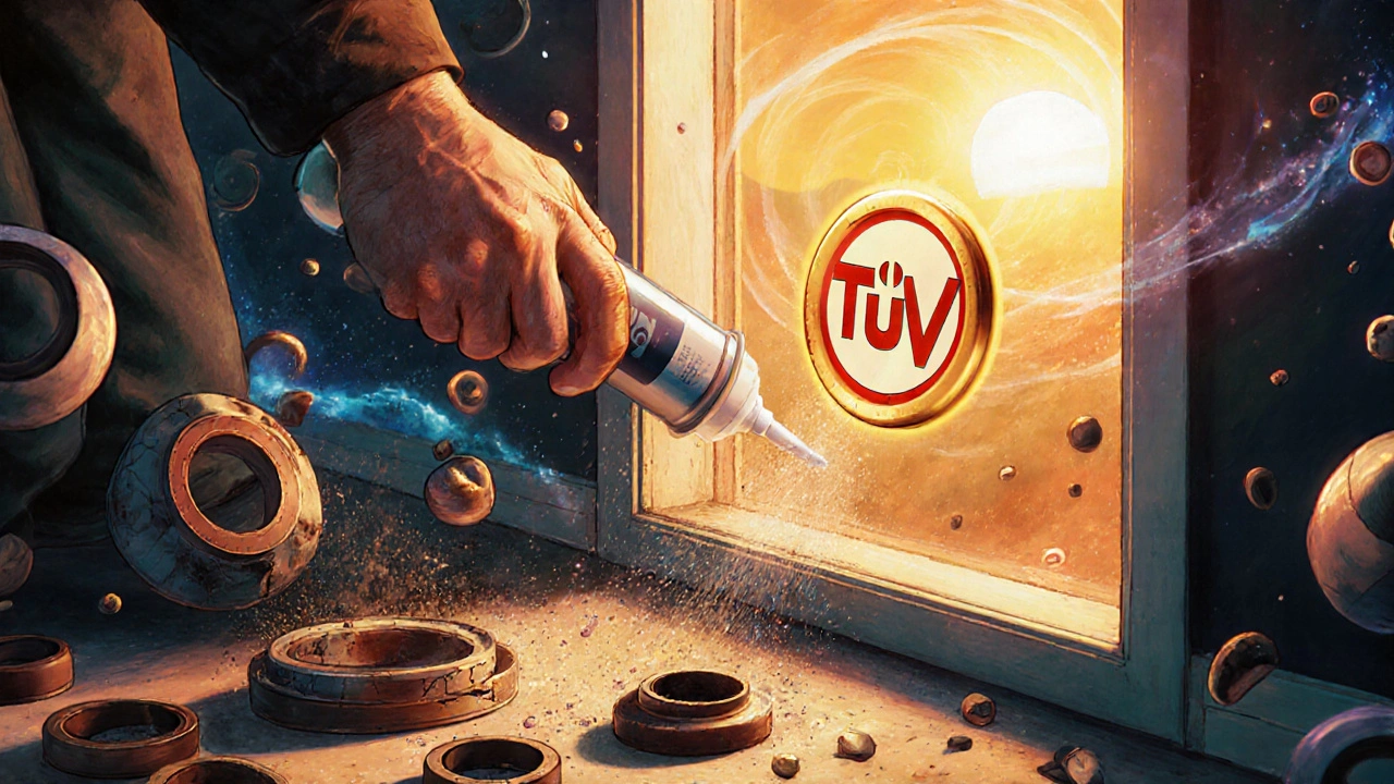 Jemand trägt Silikon auf eine Balkontür auf, alte Dichtungen lösen sich auf, ein TÜV-Siegel schwebt darüber.