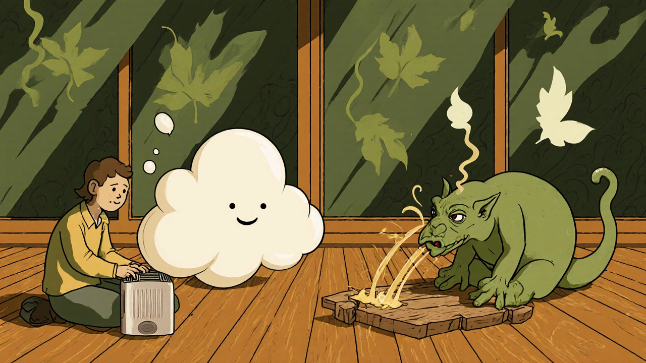 Luftbefeuchter repariert Holzboden mit feuchtem Nebel, trockene Luft wird bekämpft.