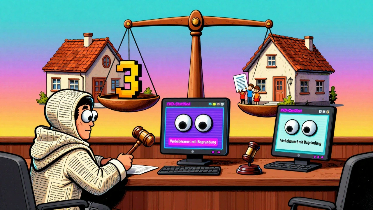 Online-Bewertungs-Apps vor Gericht, beurteilt von einem IVD-Makler mit Dokumenten-Kapuze — im typischen Rick-Griffin-Stil.