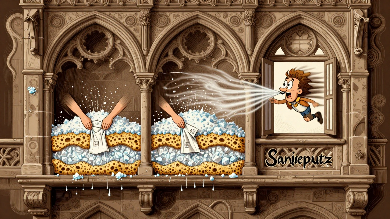 Querschnitt eines historischen Gebäudes mit Sanierputz, der Salz aufnimmt, während ein Windgeist durch offene Fenster weht.