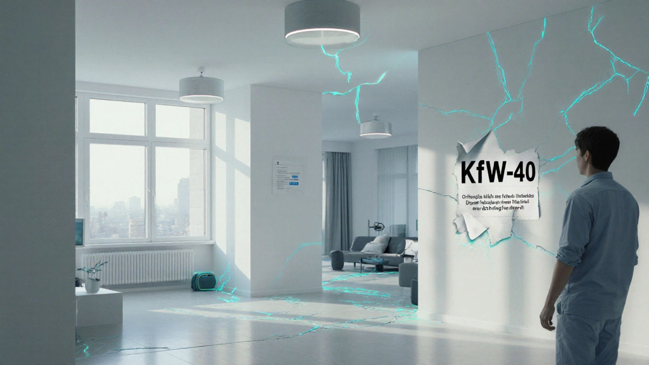 Surreale Szene eines Neubaus mit niedrigen Decken, rissigen Wänden und abfallenden Energiezertifikaten.