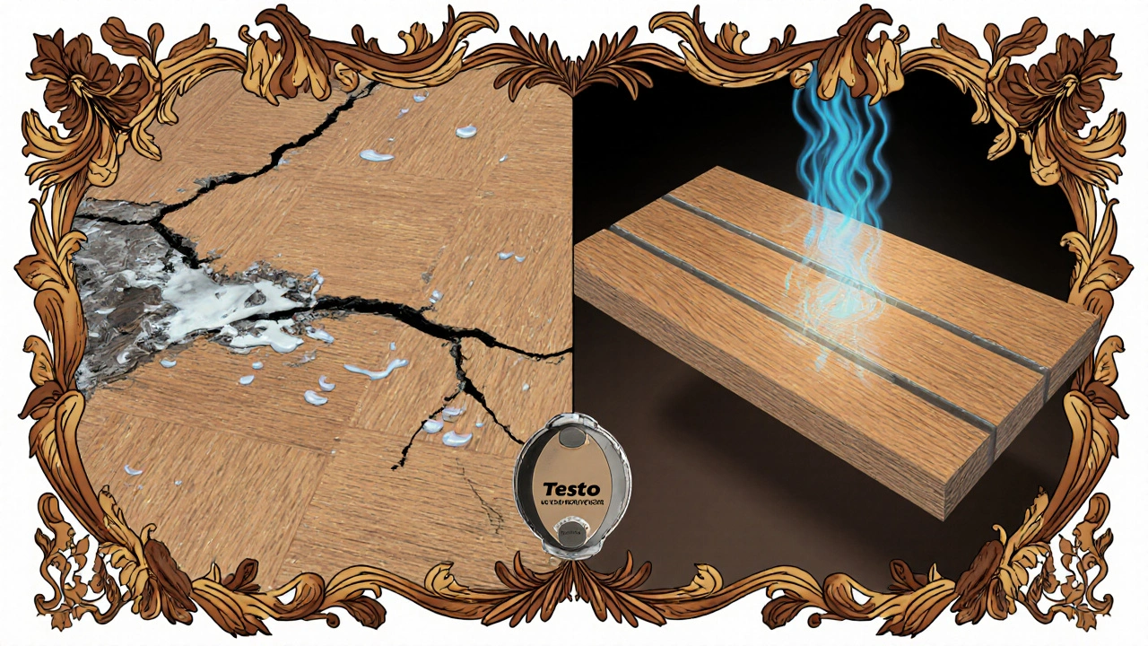 Zerbrochener Boden links, geheilter Boden rechts mit Feuchtigkeits-Technologie.