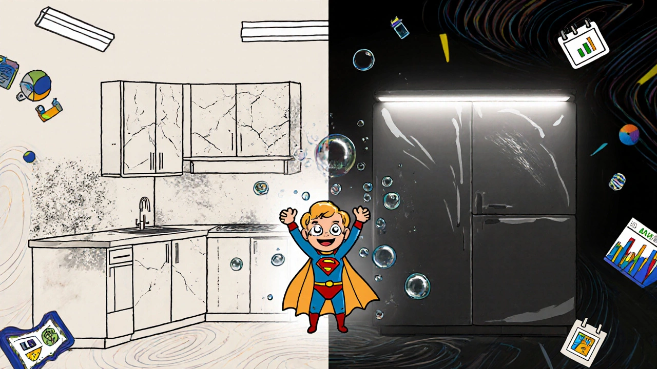 Zwei Seiten einer Küche: links alt und abgenutzt, rechts neu mit glänzender Folie, ein Held steht dazwischen.