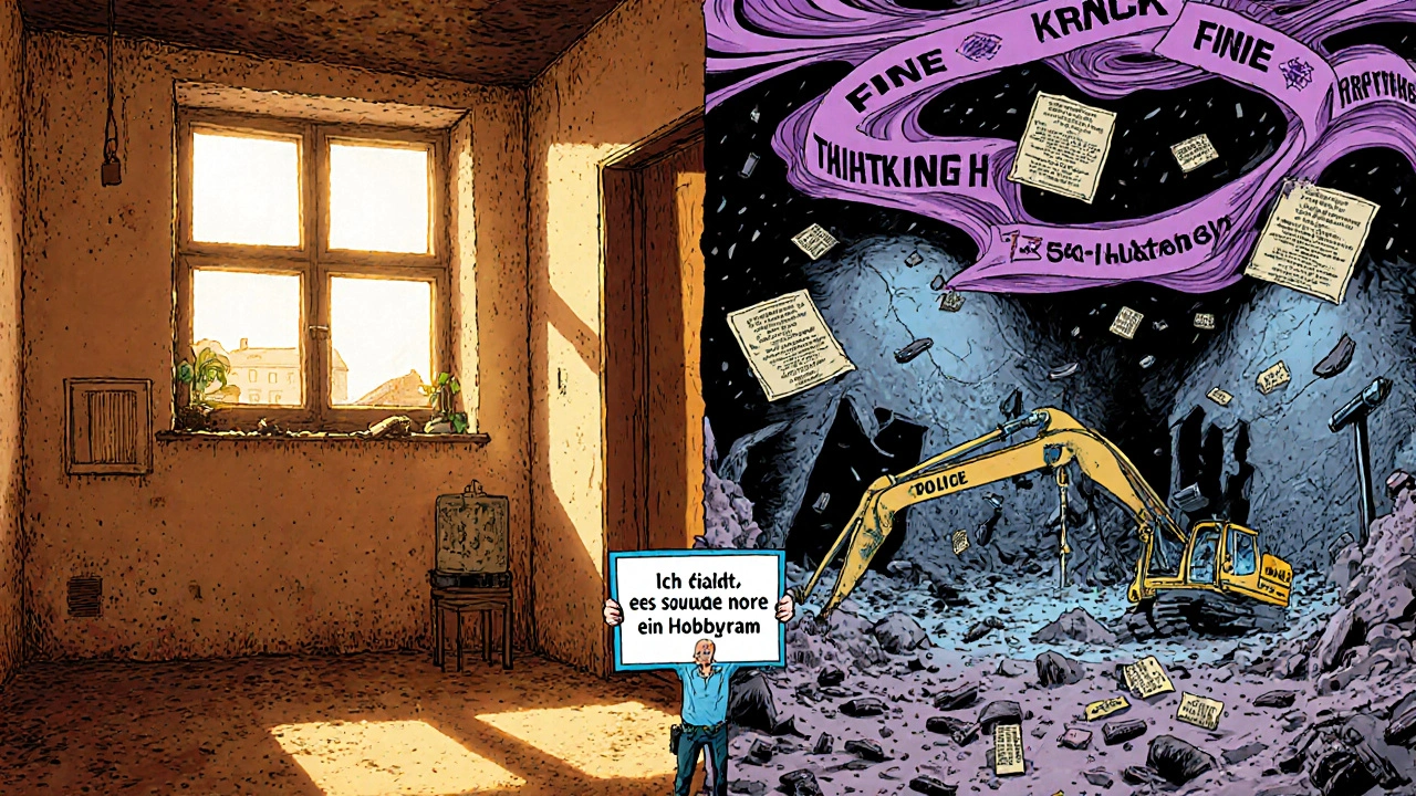 Zwei Seiten eines Kellers: eine legalisierte Wohnung und eine zerstörte, zurückgebaute Hölle — getrennt von Bauregeln.