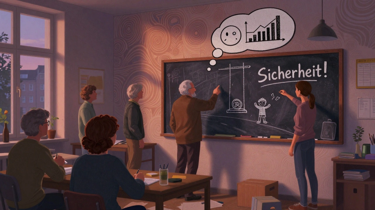 Bewohner in einem Workshop, die ihre Wünsche an eine Wand zeichnen, während Daten als Gedankenblasen schweben.