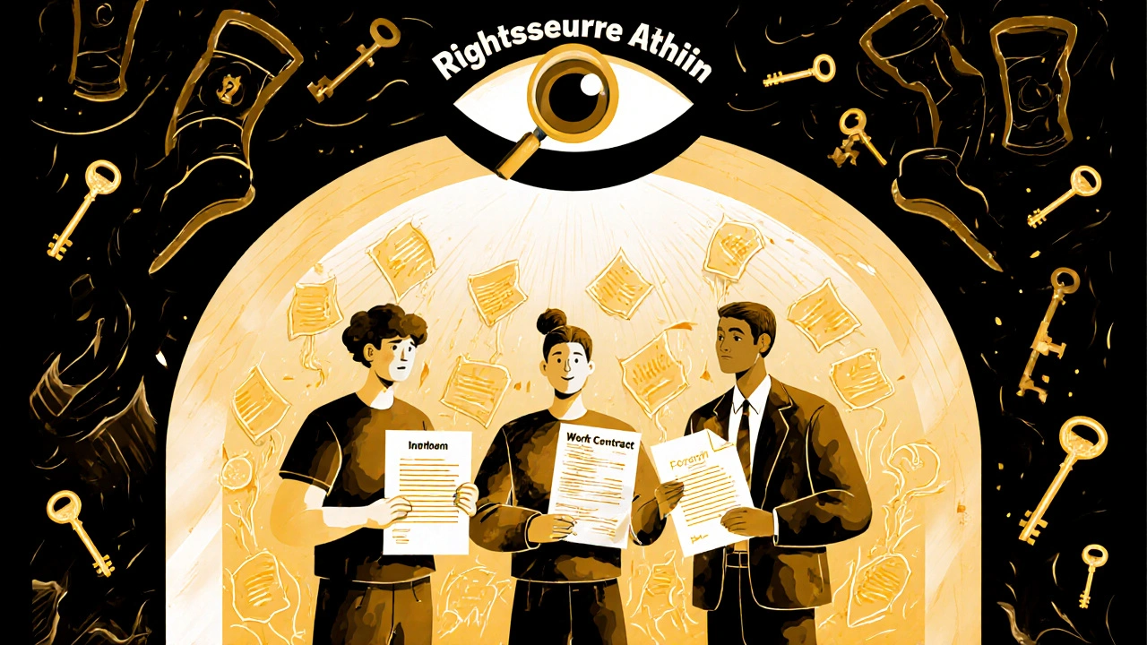 Drei Mieter mit ihren Nachweisen stehen unter einem Lichtbogen der rechtssicheren Auswahl.