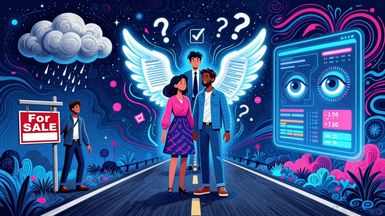 Drei Wege des Immobilienverkaufs: einsam, geführt von einem Lichtagenten oder digitalisiert—alle in psychedelischem Stil.