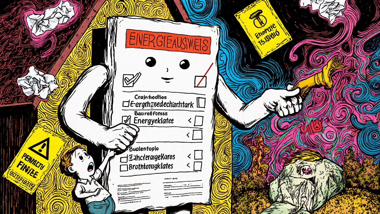 Ein anthropomorpher Energieausweis weist einen verzweifelten Verkäufer auf die richtigen Angaben hin, während Strafen um ihn herumschweben.