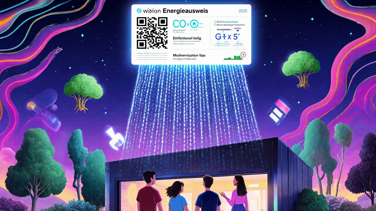 Ein digitaler Energieausweis mit QR-Code projiziert CO₂-Daten und Modernisierungstipps über ein Haus, während Käufer beeindruckt zusehen.