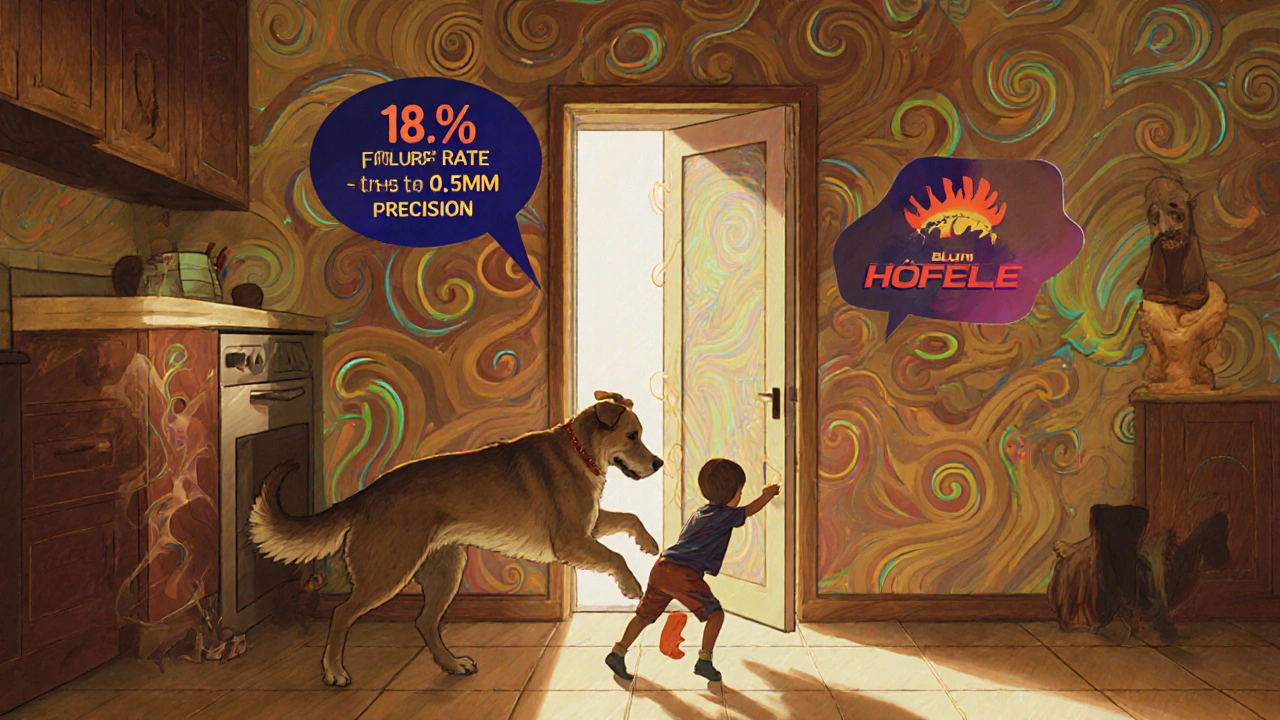 Ein Hund berührt versehentlich eine grifflose Schublade, die sich öffnet, während psychedelische Symbole für Technik und Präzision schweben.