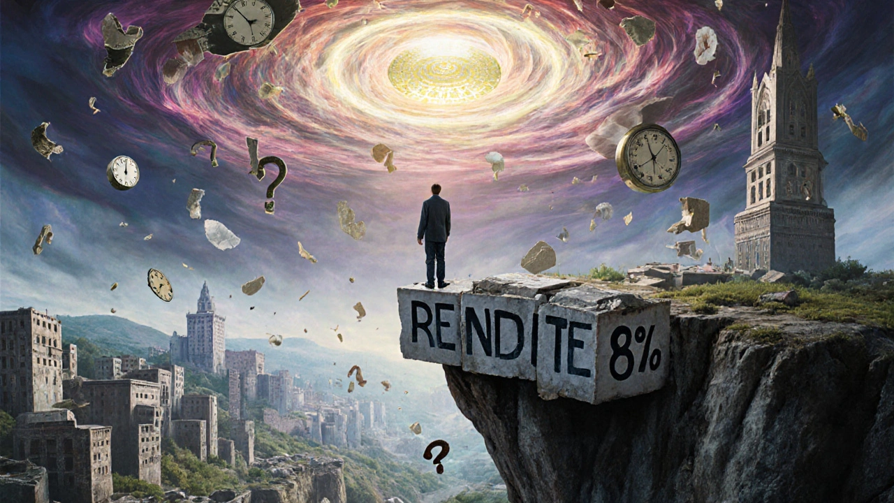 Ein Investor blickt von einer Betonklippe auf eine Landschaft aus gescheiterten Projekten, während ein steuerfreier Gewinn als Lichtkreis schwebt.