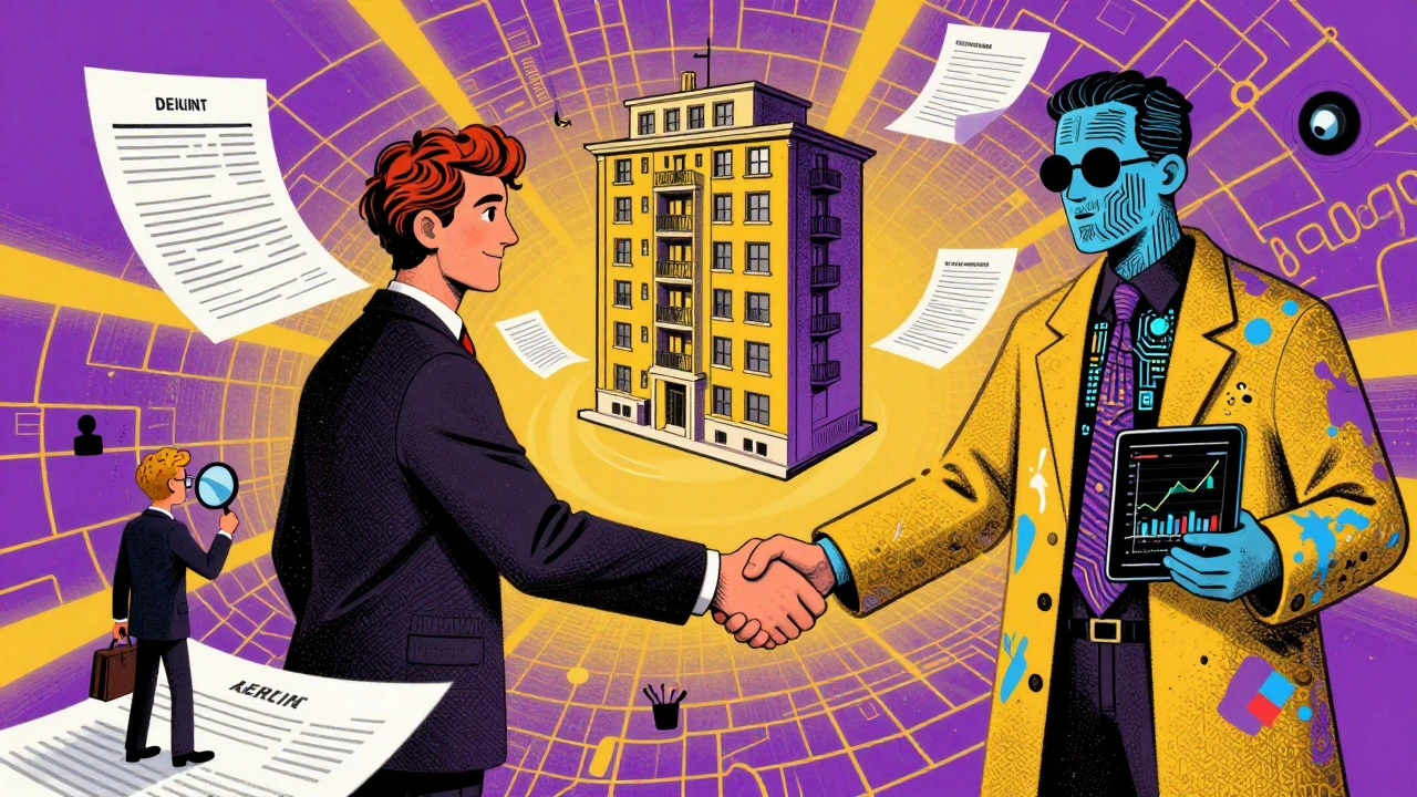 Ein Käufer und Verkäufer shake hands über einer schwebenden Wohnung, umgeben von rechtlichen Dokumenten und einem hybrid-agenten mit Schaltkreisen.