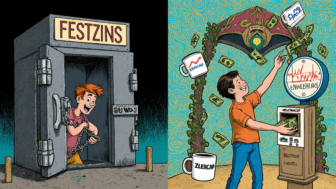 Ein Mann steht zwischen festem Zins (eingesperrt) und Zinscap (frei), mit variablen Zinsen als sinkende Linien.